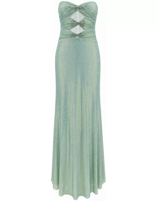 self-portrait Maxi Green Dress With Cut-out And All-over Rhinestones In Stretch Fabric Woman