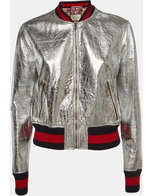 Gucci Silver Metallic Crinkle Leather Bomber Jacket