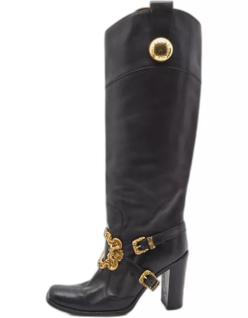 Dolce & Gabbana Black Leather Flower Embellished Knee Length Boot