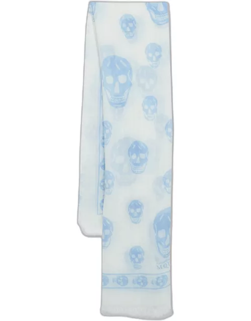 Alexander McQueen White Skull Print Modal and Cashmere Fringed Scarf