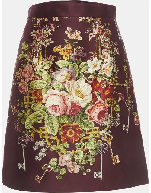 Dolce & Gabbana Burgundy Floral Jacquard Silk and Wool Pleated Short Skirt