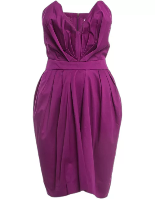 Yves Laurent Paris Purple Cotton Strapless Pleated Mini Dress