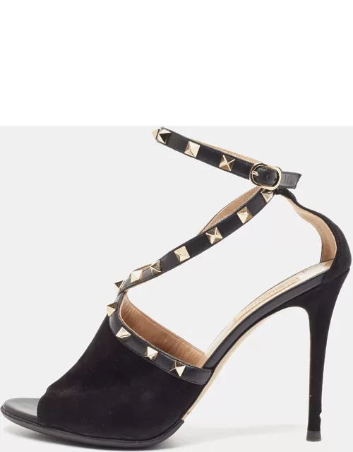 Valentino Black Suede and Leather Rockstud Ankle Strap Sandal