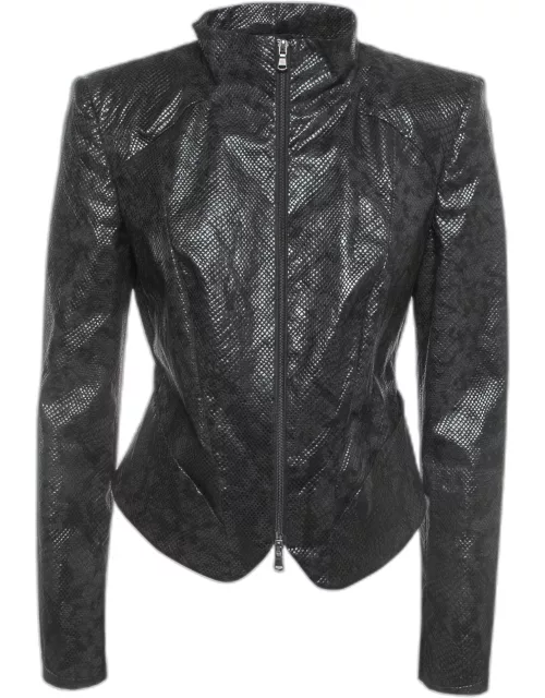 Emporio Armani Black Embossed Faux Leather Zip Front Jacket