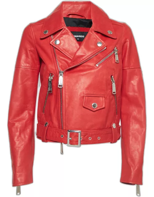 Dsquared2 Red Leather Zip-Up Biker Jacket