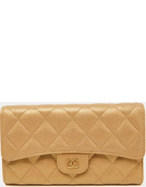 Chanel Gold Quilted Caviar Leather Trifold Wallet