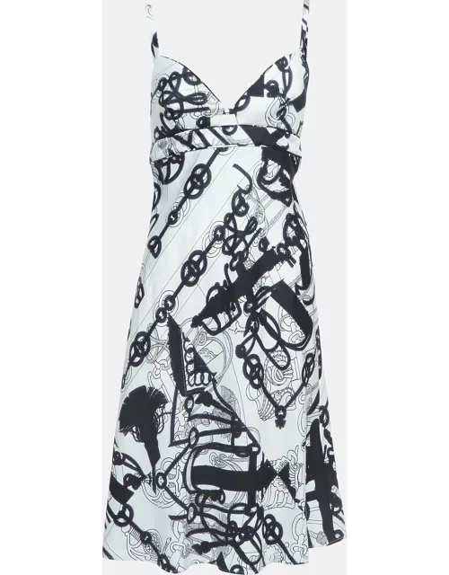 Hermes White/Black Printed Silk Twill Midi Dress