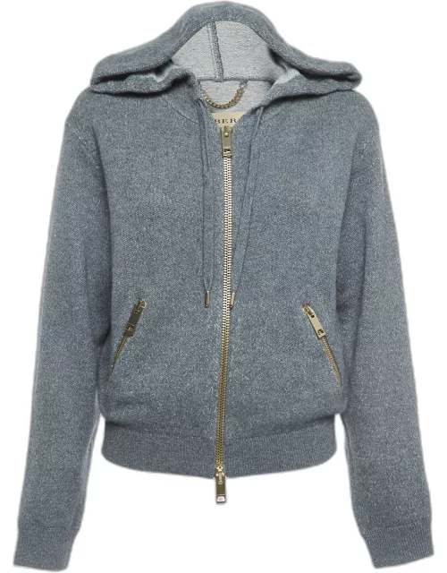 Burberry Grey Cashmere Blend Knit Zip Front Hooded Jacket