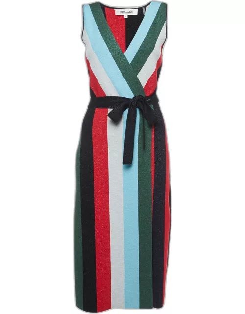 Diane Von Furstenberg Multicolor Stripe Wool Blend Shimmer Detail Wrap Dress