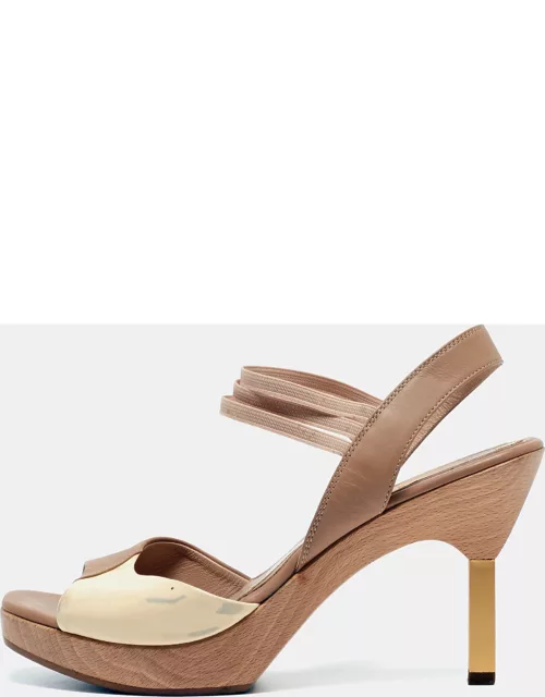 Fendi Beige/Cream Leather and Patent Wooden Platform Ankle Strap Sandal
