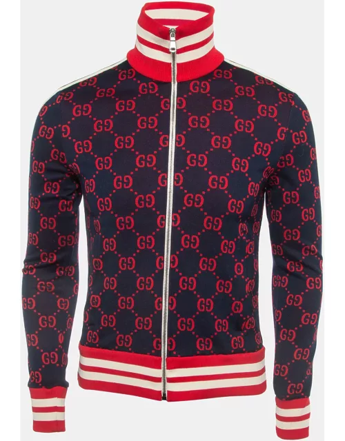 Gucci Navy Blue GG Jacquard Cotton Knit Zip Front Jacket