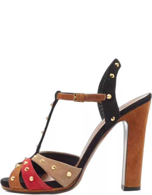 Gucci Multicolor Suede Spiked T-Bar Ankle Strap Sandal