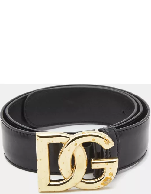 Dolce & Gabbana Black Patent Leather DG Buckler Belt 80C
