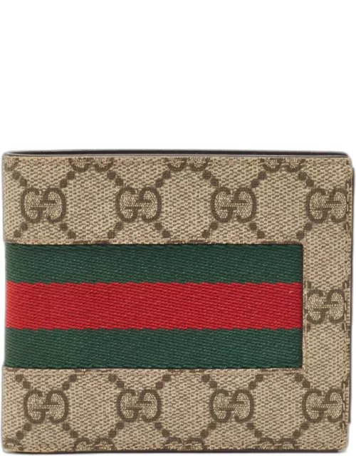 Gucci Beige GG Supreme Canvas Web Bifold Compact Wallet