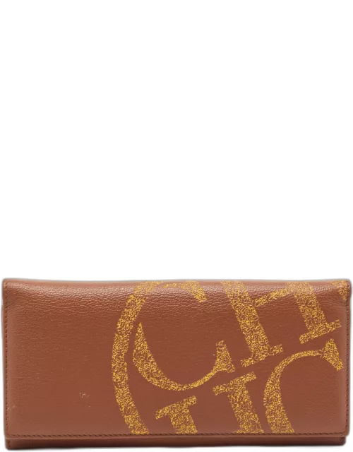 Carolina Herrera Brown Leather Logo Print Continental Wallet