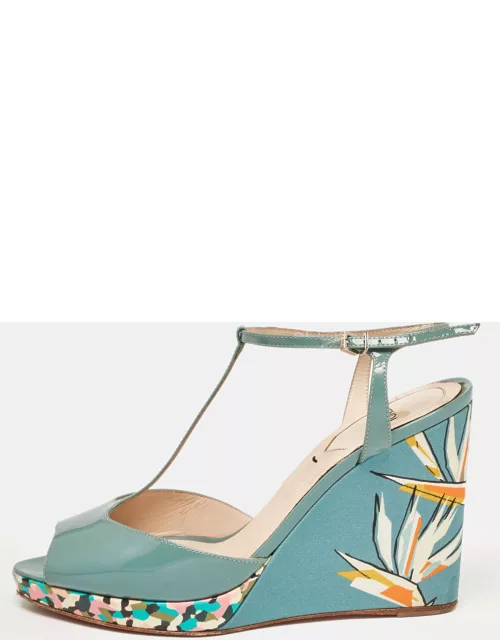 Fendi Grey Patent Leather Printed Wedge Ankle Strap Sandal