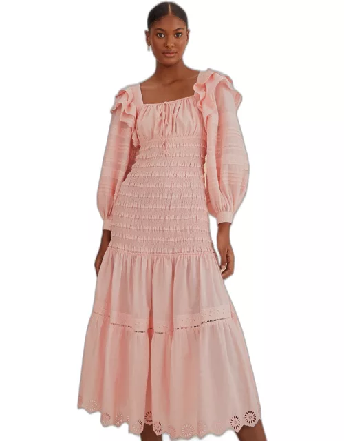 Light Pink Long Sleeve Smocked Midi Dress, PINK /