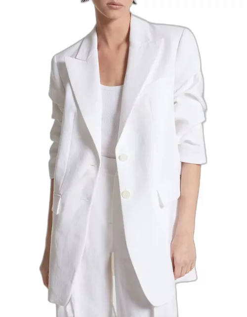 Crush-Sleeve Single-Breasted Relaxed Linen Blazer Jacket