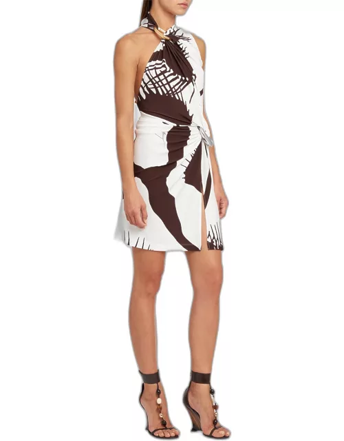 Venus-Print Gathered-Rings Sleeveless Jersey Mini Wrap Dres