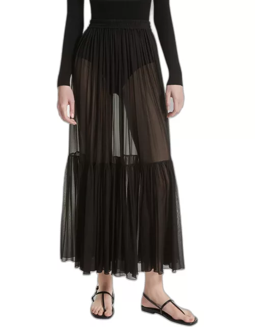 Tiered Ruffle Silk Chiffon Pull-On Maxi Skirt