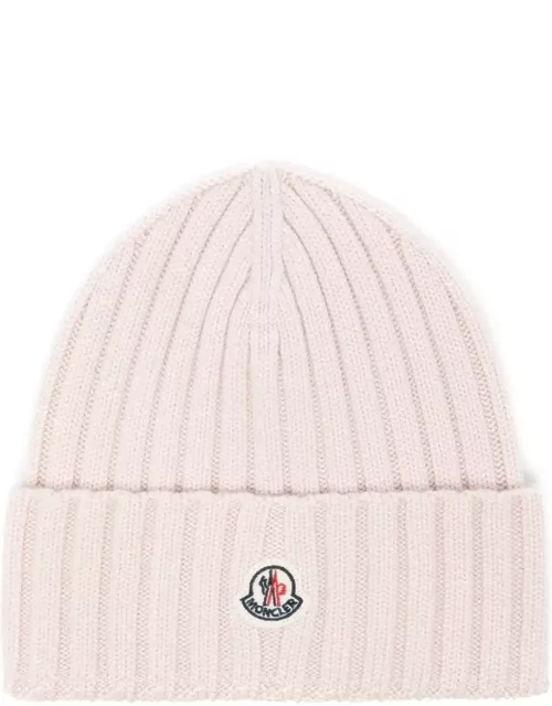 Moncler Light Pink Ribbed Wool Beanie With Logo