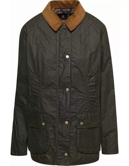 Barbour Dark Green Jacket With Ribbed Collar In Waxed Cotton Woman