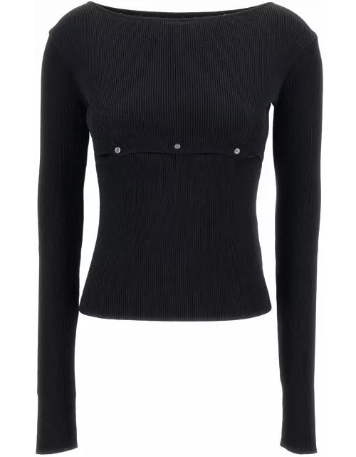 Low Classic Black Ribbed Top With Boat Neckline And Buttons In Rayon Blend Woman