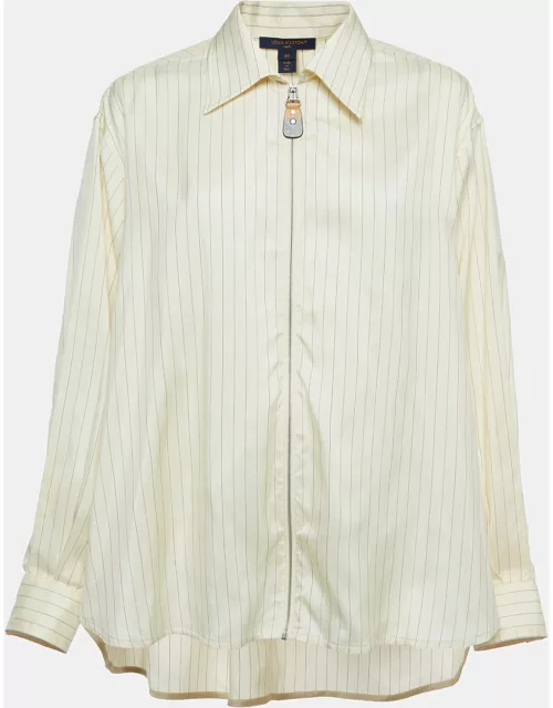 Louis Vuitton Beige Pinstripe Silk Dipped Hem Zip-Up Shirt