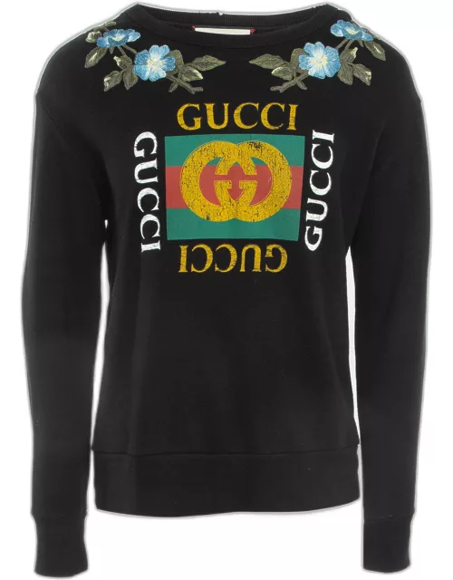 Gucci Black Logo Print Embroidered Cotton Knit Sweatshirt