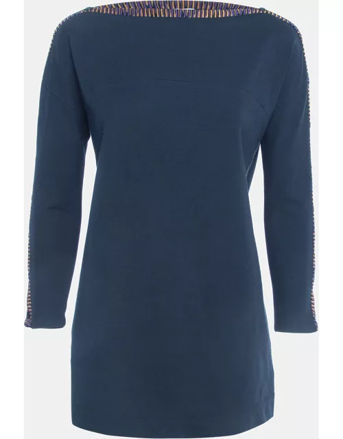 M Missoni Navy Blue Cotton Blend Knit Buttoned Sleeve Detail T-Shirt