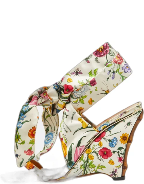 Gucci Floral Printed Satin Ankle Strap Wedge Sandal