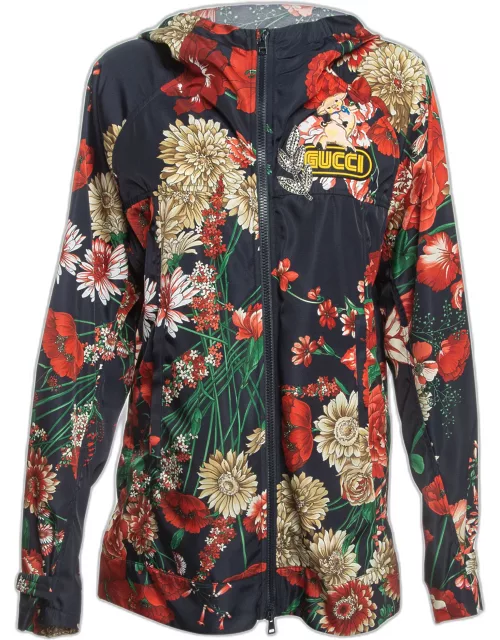 Gucci Multicolor Floral Print Nylon Applique Detail Hooded Jacket