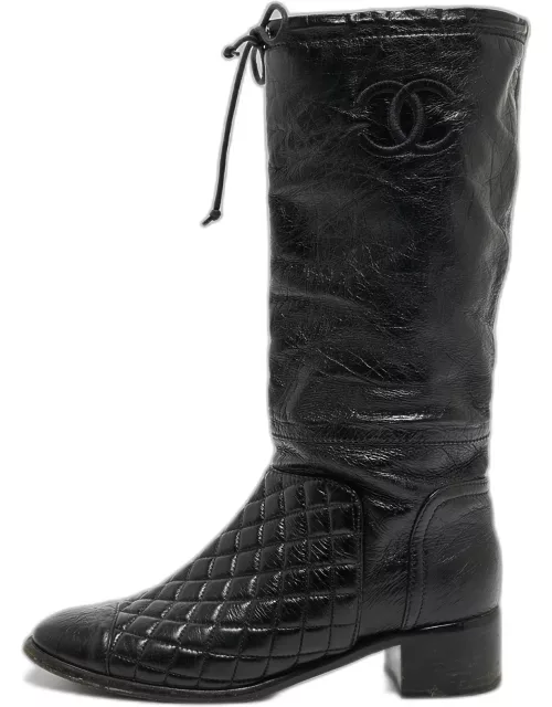 Chanel Black Quilted Leather CC Mid Calf Boot