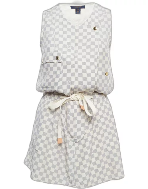 Louis Vuitton Off-White Damier Azur Print Silk Sleeveless Mini Dresses