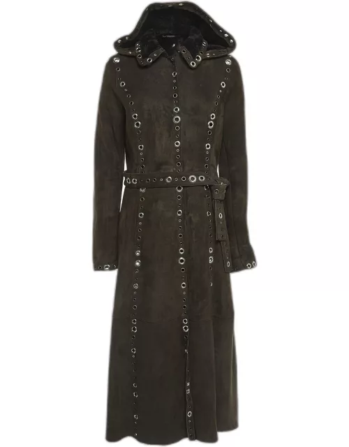 Dolce & Gabbana Brown Suede and Fur Grommet Detail Hooded Trench Coat