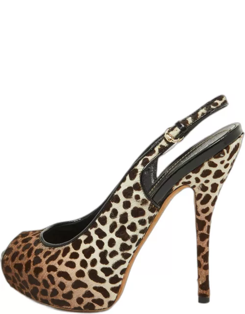 Gucci Brown/White Leopard Print Calfhair Sofia Platform Slingback Sandal