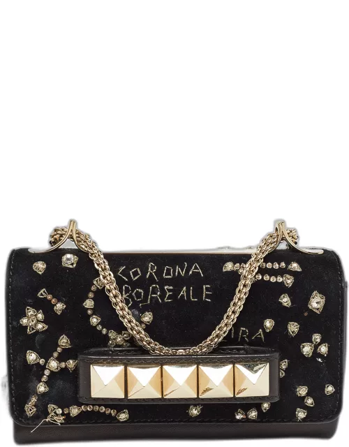Valentino Black Leather and Suede Embroidery Va Va Voom Chain Shoulder Bag
