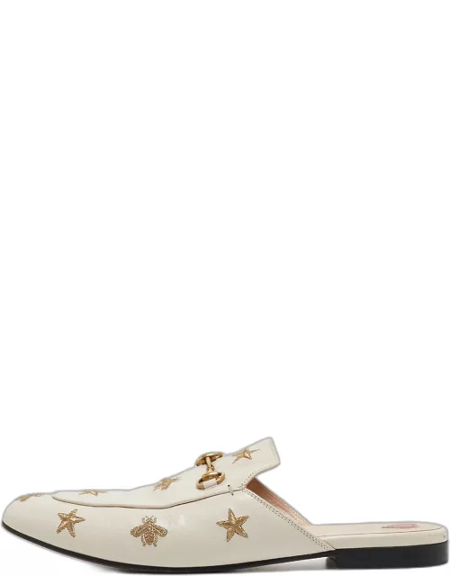 Gucci Cream Leather Bee and Star Embroidered Princetown Flat Mule