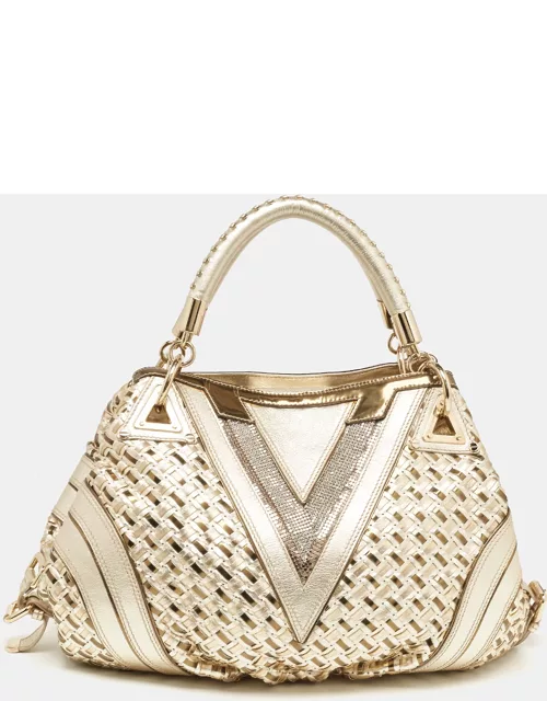 Versace Gold Woven Leather V Crystals Bag