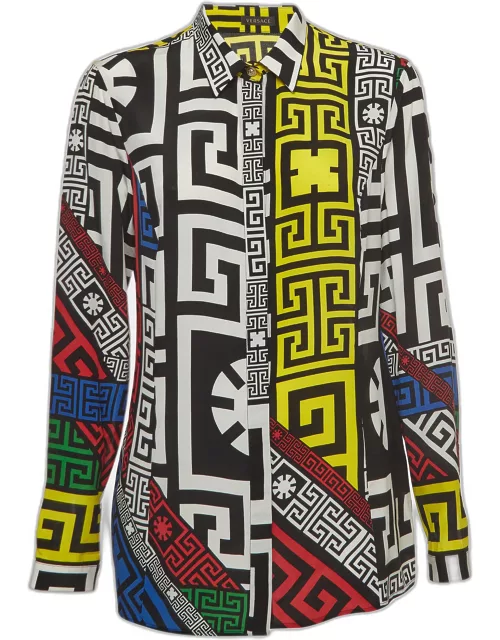 Versace Multicolor Geometric Greek Print Chiffon Silk Shirt