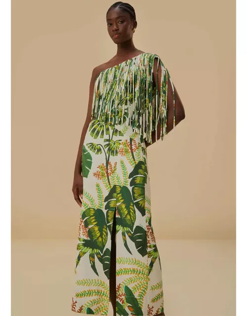 Tropical Forest Off-White Fringed Midi Dress, TROPICAL FOREST OFF-WHITE /