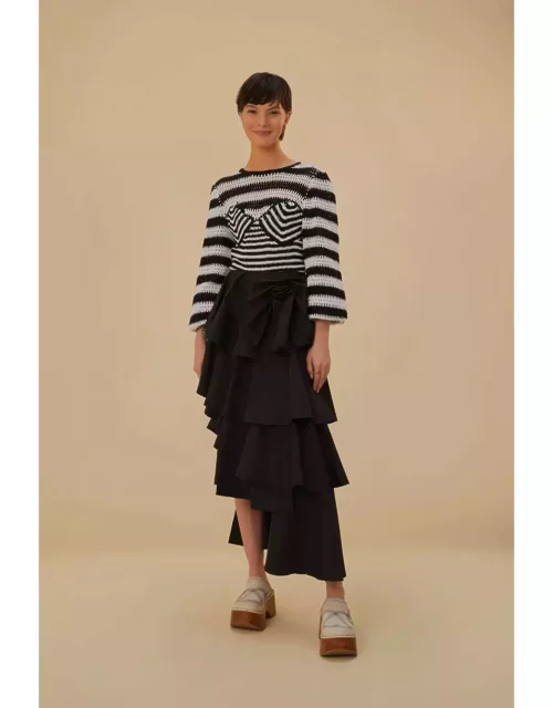 Black Tiered Bow Detail Maxi Skirt, BLACK /