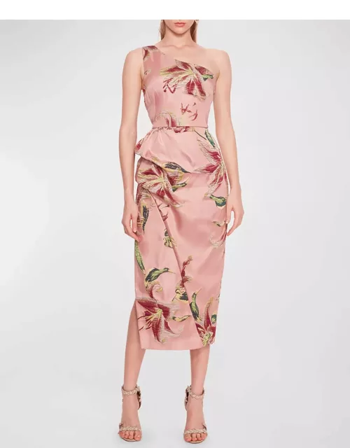 Draped One-Shoulder Floral Jacquard Midi Dres