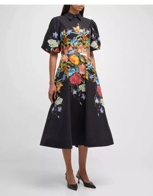 Puff-Sleeve Floral-Print Midi Shirtdres