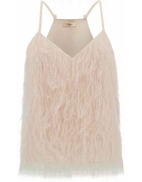 TwinSet Light Pink Top With All-over Feathers In Tech Fabric Woman