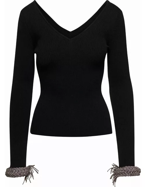 Giuseppe di Morabito Black Top With V Neckline And Embellished Wrist In Wool Blend Woman