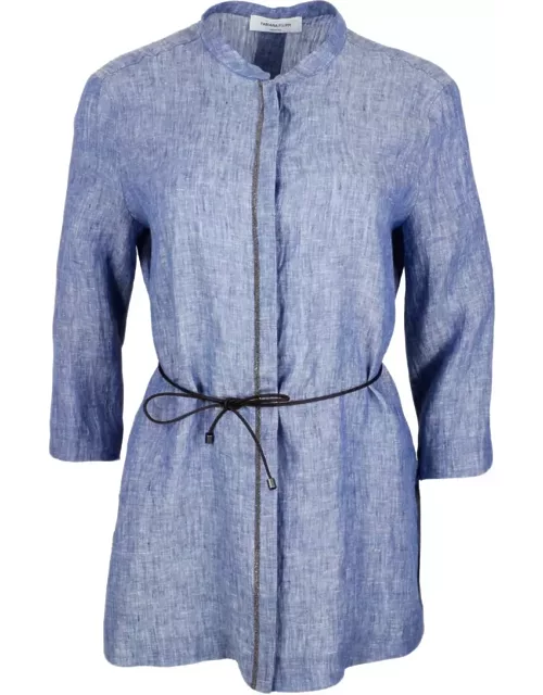 Fabiana Filippi Long Linen Shirt With Leather Belt And Embellished With Brilliant Jewels Along The Buttoning