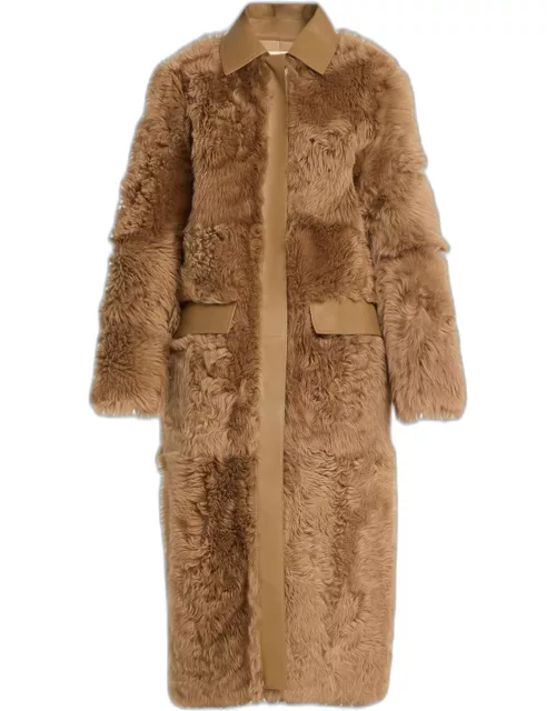 Curly Shearling Coat with Leather Tri