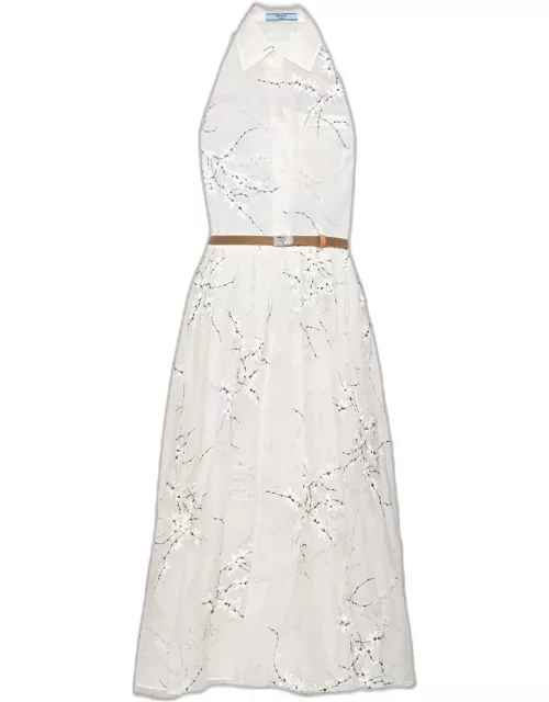 Floral Embroidered Organza Fit-Flare Midi Dres