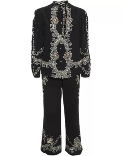 Etro Black Floral Print Silk and Crepe Ruffled Shirt and Trouser Set